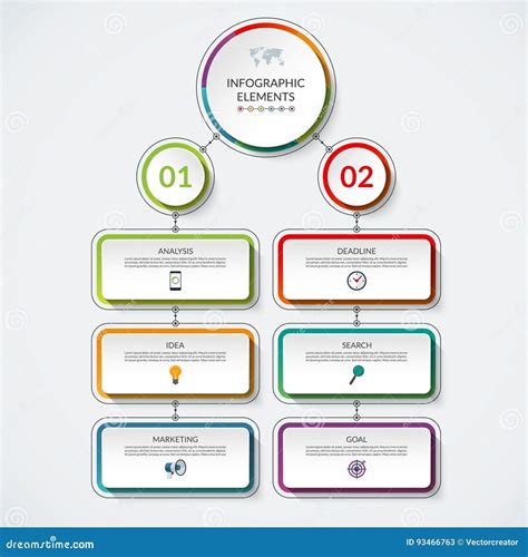 Infographic Flow Chart Template With 2 Option Circles And 6 Tabs Stock