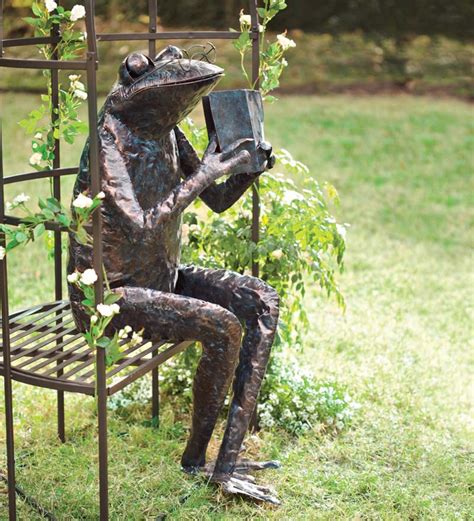 Handmade Metal Reading Frog Garden Sculpture Plowhearth