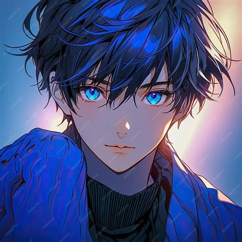 Cute And Handsome Anime Boy In Blue Light Premium Ai Generated Image