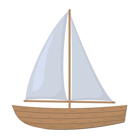 Wooden Boat With Sail Color Vector Illustration In Cartoon Style On A