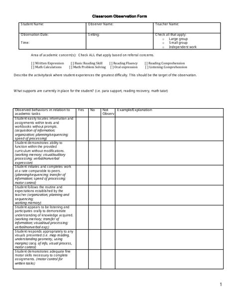 Classroom Observation Form Table And Questions Fill Out Sign