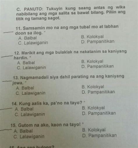 C Panuto Tukuyin Kung Saang Antas Ng Wika Nabibilang Ang Mga Salita