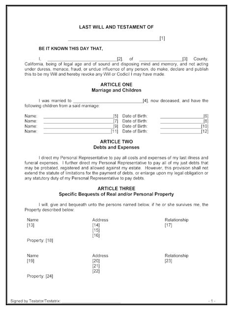 Printable Last Will And Testament Form