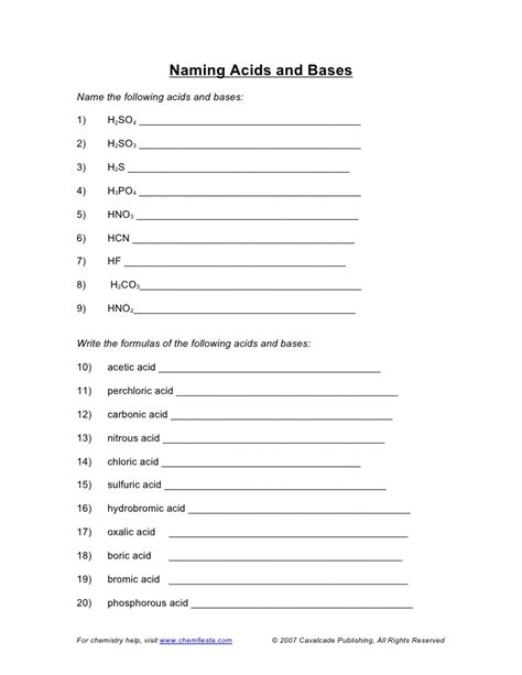 ☑ describe some of the properties and uses of acids and bases. Worksheet naming acids and bases