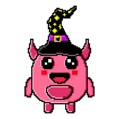 Pixel Art Cute Mascot Monster Wearing A Witch Hat And Carrying A Magic