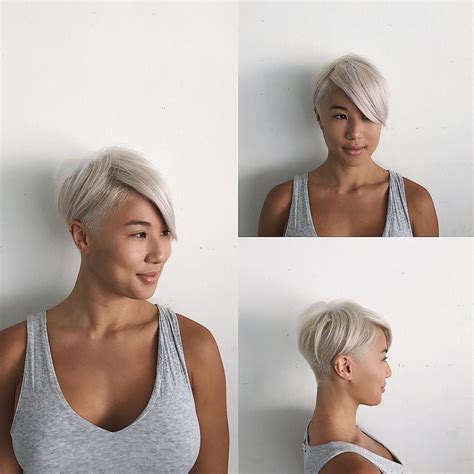 Edgy Undercut Pixie With Platinum Color And Brunette Shadow Roots The