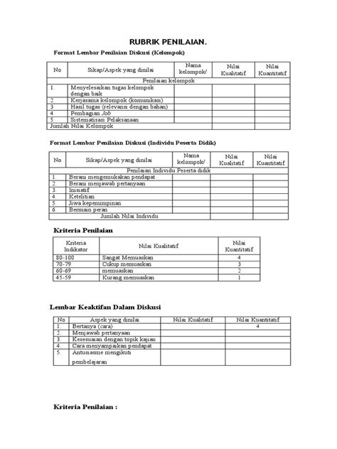 Rubrik Penilaian Format Lembar Penilaian Diskusi Kelompok Pdf