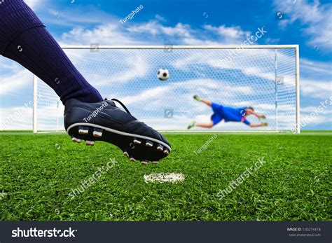 Foot Shooting Soccer Ball To Goal Penalty Stock Photo 150274418