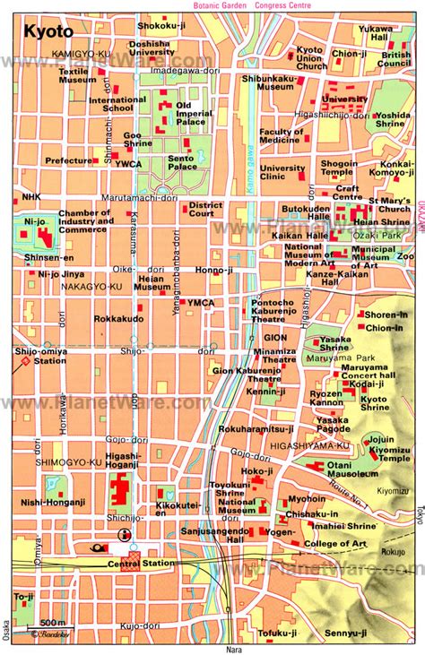 Airports, castles, embassies, main roads. Kyoto Map