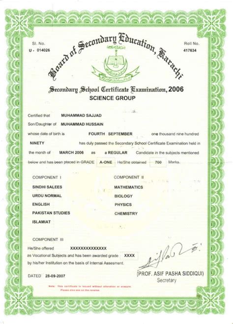 Ssc Matriculation Certificate