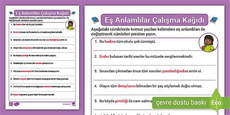 Eş Anlamlılar Çalışma Kağıdı teacher made Twinkl