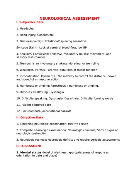 Neutrologic Neurological Assessment I Subjective Data Headache Head