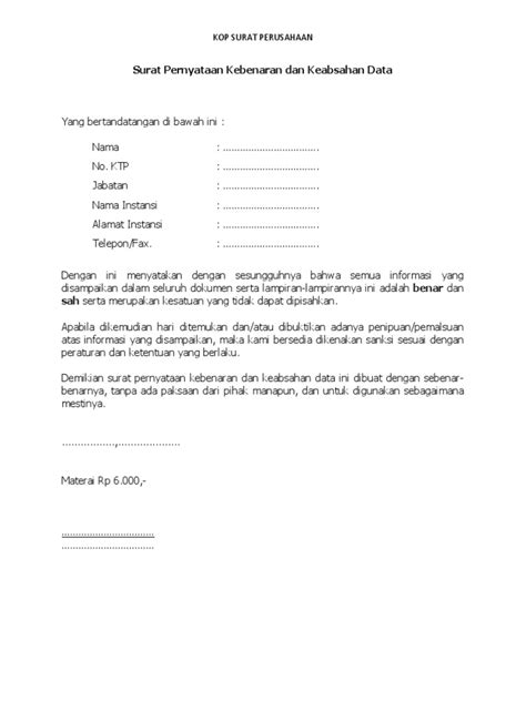 Surat Pernyataan Kebenaran Dan Keabsahan Data Pdf