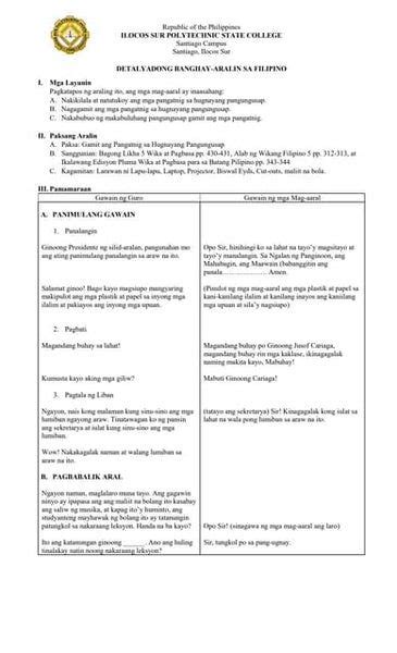 Masusing Banghay Aralin Sa Filipino Detailed Lesson Plan In Filipino