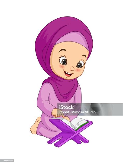 Kartun Gadis Muslim Membaca Alquran Ilustrasi Stok Unduh Gambar