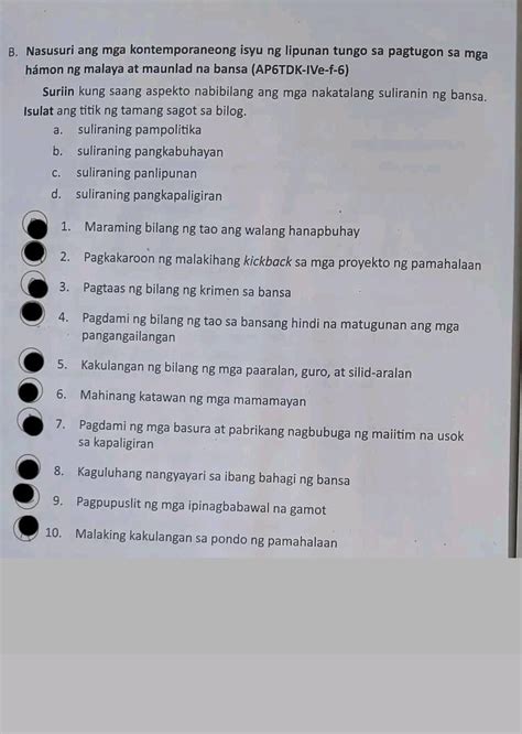 Suriin Kung Sa Aspekto Nabibilang Ang Mga Nakatalang Suliranin Ng Bansa