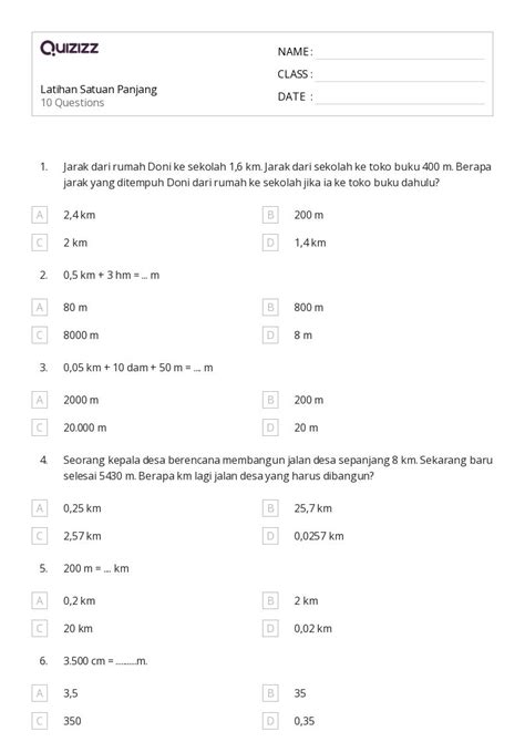 50 Lembar Kerja Satuan Panjang Dan Metrik Untuk Kelas 1 Di Quizizz