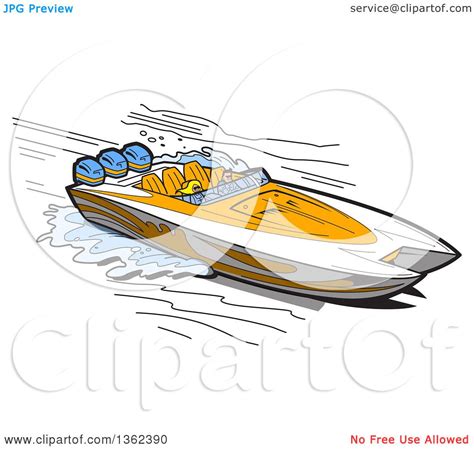 Clipart Of A Cartoon Couple In A White And Orange Speed Boat Royalty