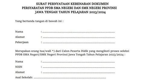 Contoh Surat Pernyataan Kebenaran Dokumen Ppdb Jateng 2023