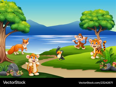 Happy Animals Cartoon On The Nature Scene Vector Image