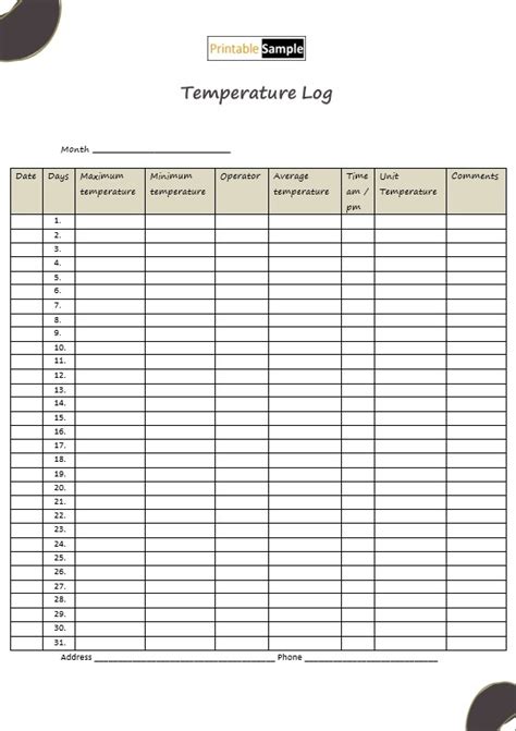 Temperature Log Sheet Celsius