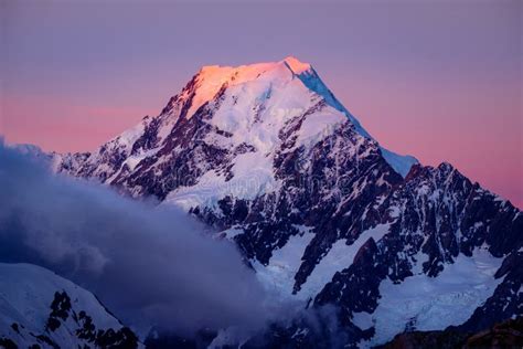 Scenic View Of Mt Cook Summit At Colorful Sunset Nz Stock Image