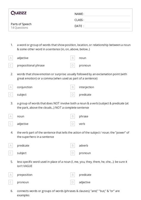 50 Parts Of Speech Worksheets For 4th Grade On Quizizz Free And Printable