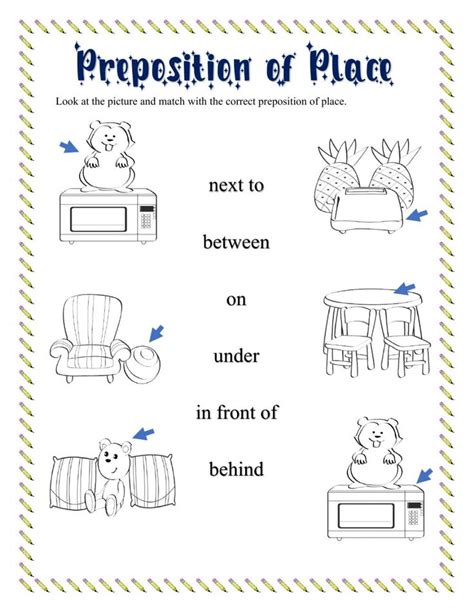 The Preposition Of Place Worksheet Is Shown With Pictures And Words On It