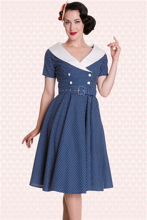 50s Retro Claudia Swing Dress In Polka Blue White