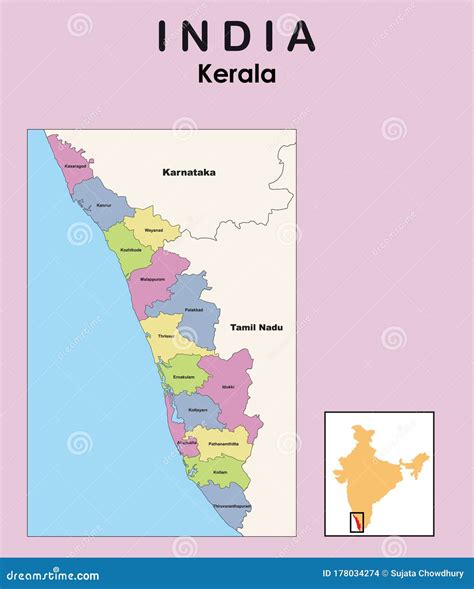 Kerala Map Vector Illustration Of Colourful District Map Of Kerala