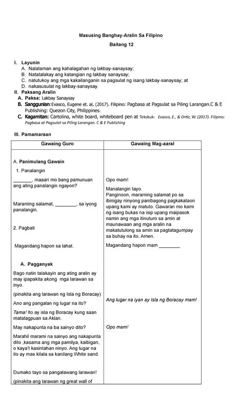 Filipino Detailed Lesson Plan Masusing Banghay Aralin Sa Fili Nbkomputer