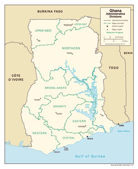 Satellite view is showing ghana the western african country with a southern coastline at the gulf of guinea. Large administrative divisions map of Ghana - 2007 | Ghana | Africa | Mapsland | Maps of the World