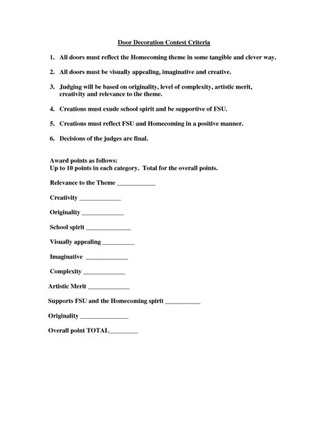 Each employee can only participate on one group/team groups/teams may consist of up to 5 employees decorations must follow a holiday theme decorating should not disrupt an employee's job responsibilities have fun and let's get creative! Holiday Door Decorating Contest Judging Criteria ...