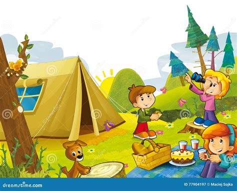 Cartoon Scene With Kids Having Fun In The Mountains Stock Illustration