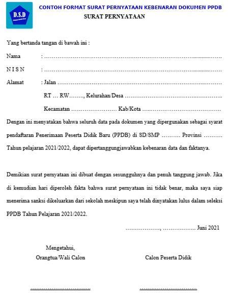 Surat Pernyataan Kebenaran Dokumen Ppdb Sd And Smp Dengan Pdf Dokumen