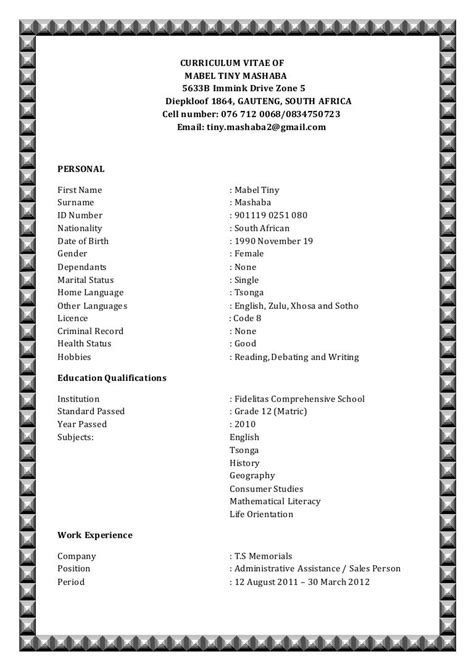 Example Of A Cv In South Africa South Africa Cv Sample 1