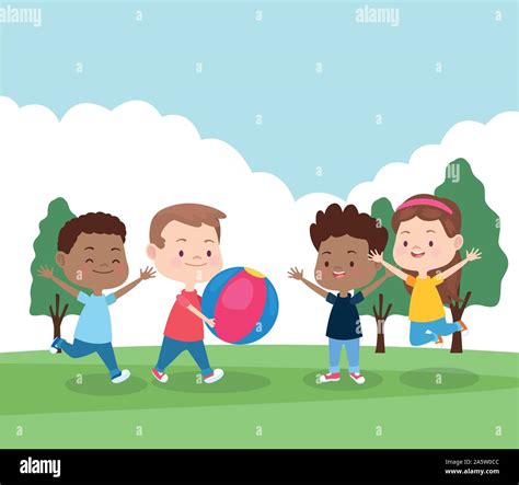 Cartoon Happy Kids Playing In The Park Colorful Design Stock Vector