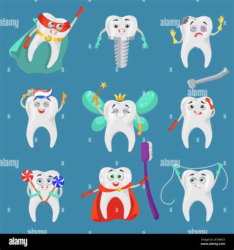 Funny Tooth Cartoon Character Set Flat Vector Isolated Illustration