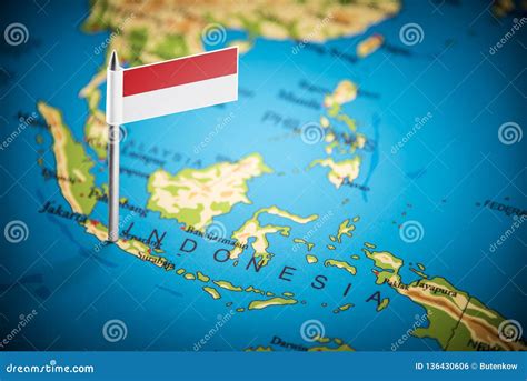 Indonesia Marked With A Flag On The Map Editorial Photo Image Of