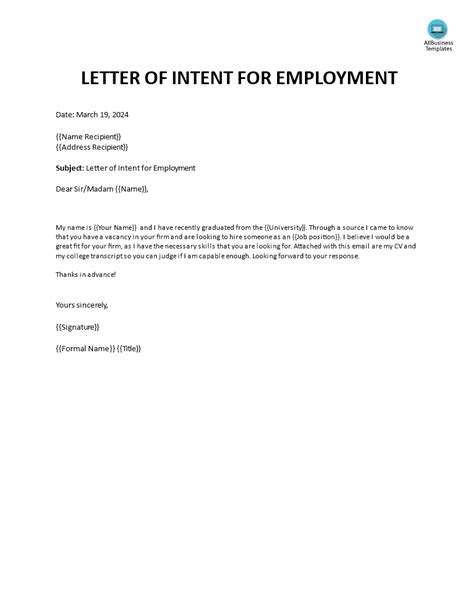 Letter Of Intent To Hire Template