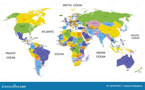 Colorful Vector Political Map Of World With Country Names And Capital