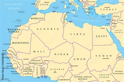 North Africa Countries Political Map With Capitals And Borders From