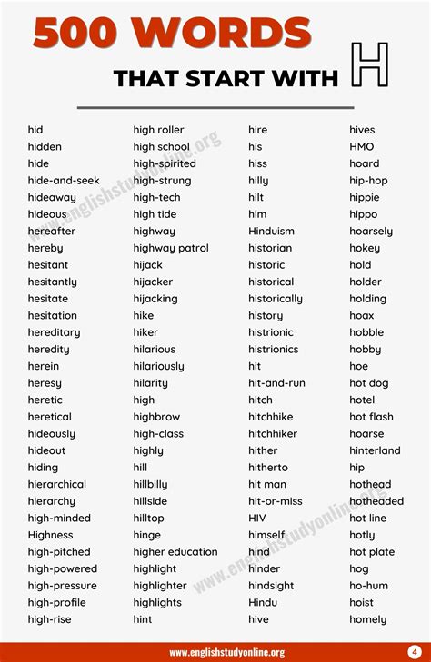 1800 Words That Start With H Great List Of H Words English Study