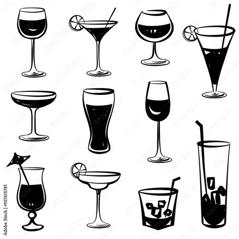 Cocktail Party Icons Bar Glass Vector Silhouette Collection Set Of