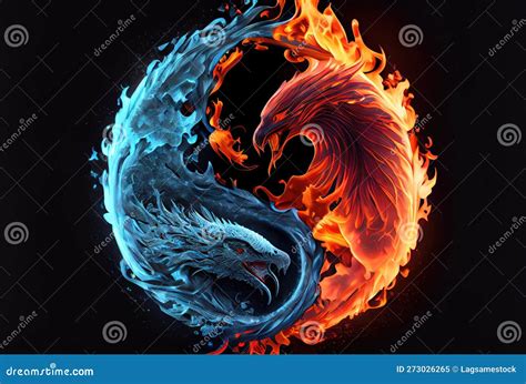 Fire Phoenix And Ice Dragon In The Yin And Yang On Dark Background