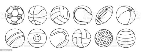 Sports Ball Line Sketch Set Black Doodle Outline Icon Vector Freehand