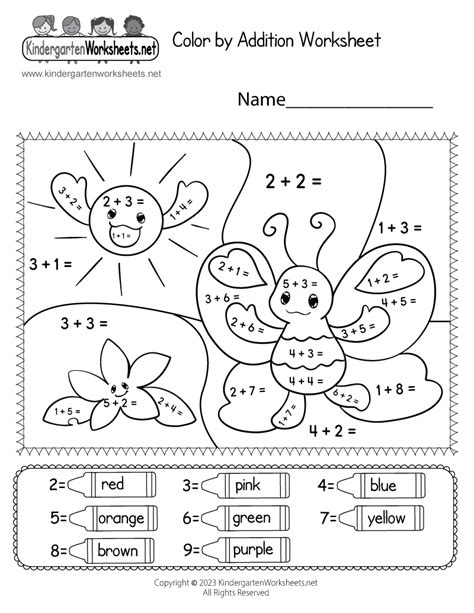 Free Printable Addition Coloring Worksheet For Kindergarten