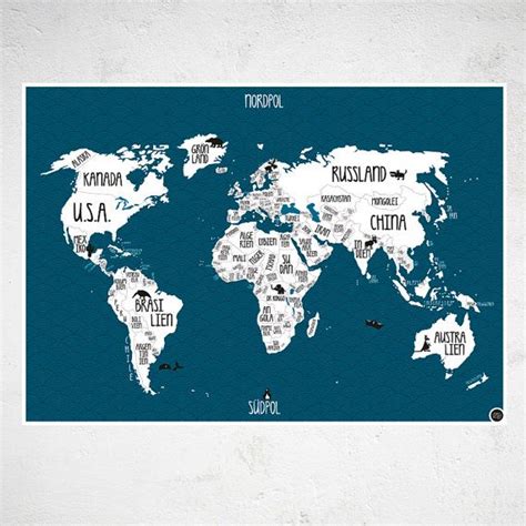 A Blue And White World Map With The Names Of All Countries In Each