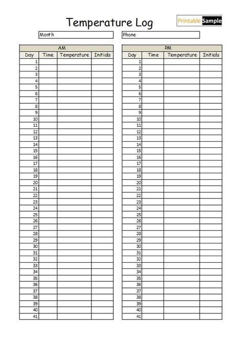 Time And Temperature Log Template