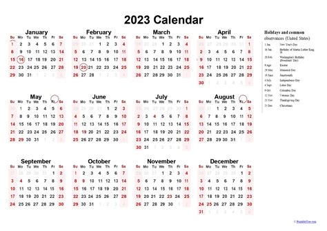 Printable Calendar 2023 One Page With Holidays Single Page 2023